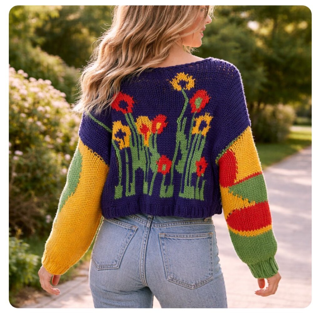 SWEATER Pullover Loose Knit Long SLeeves Floral Abstract Pattern Unbranded
